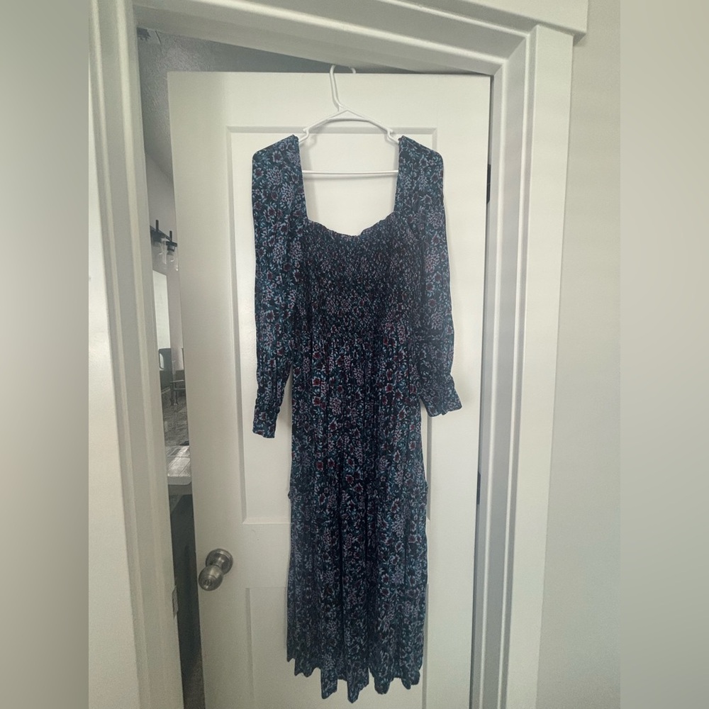 Band of the Free Blue Floral Square Neck Long Sleeve Midi Dress Size Large Boho